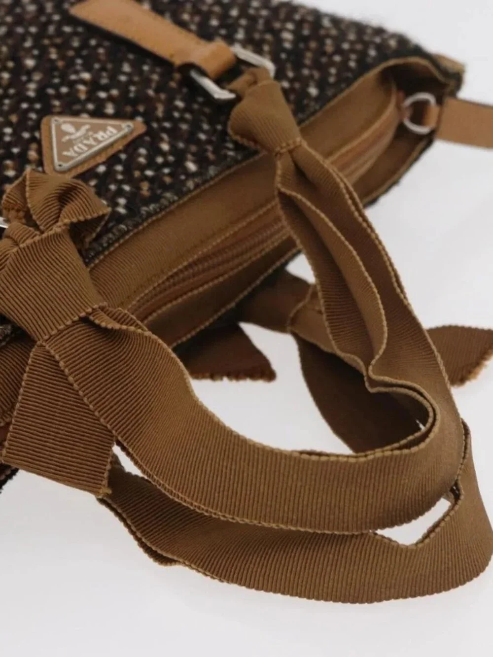 PRADA Hand Bag Canvas Brown Silver Auth 175566A